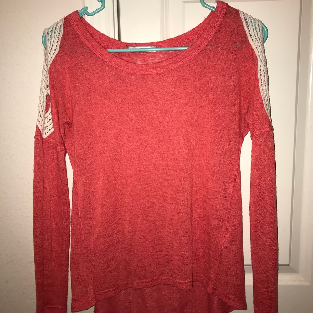 Coral Sweater with Crocheted Shoulder Detail